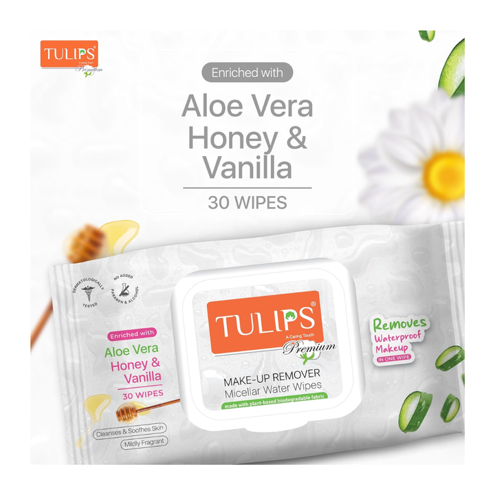 Tulips Premium Waterproof Makeup Remover Micellar Water Wipes 1x30s