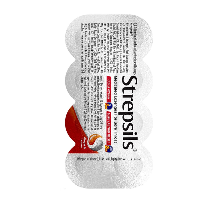 Strepsils Ginger & Lemon Lozenges for Sore Throat, 8 Count