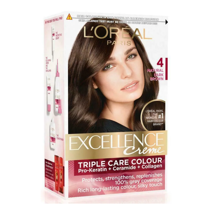 L'Oreal Paris Excellence Creme Hair Colour, Natural Dark Brown (4) (72 ml + 100 g)