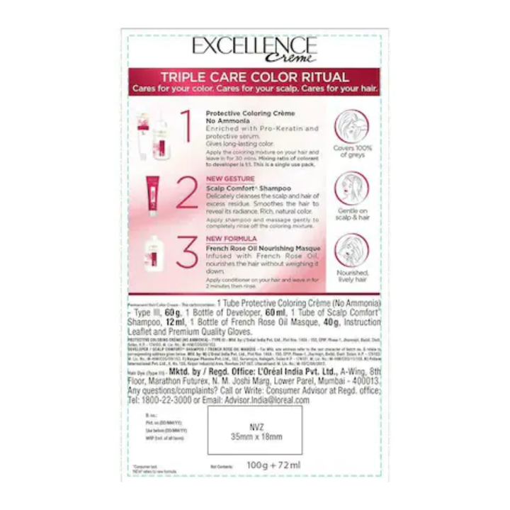 L'Oreal Paris Excellence Creme Hair Colour, Natural Dark Brown (4) (72 ml + 100 g)
