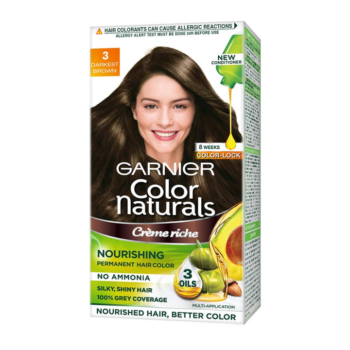 Garnier Color Naturals Crème Hair Color, Shade 3 Darkest Brown, 70ml + 60g