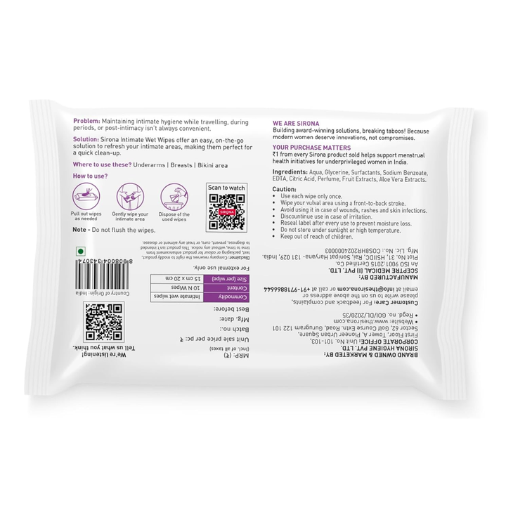 Sirona Intimate Wet Wipes - 10 Wipes
