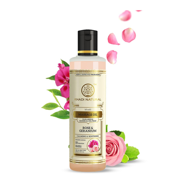 Khadi Natural Rose & Geranium Massage Oil Soothes Mind & Body without Mineral Oil - 210ml