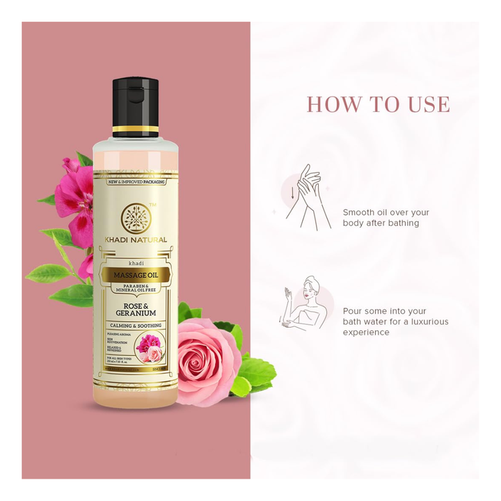 Khadi Natural Rose & Geranium Massage Oil Soothes Mind & Body without Mineral Oil - 210ml