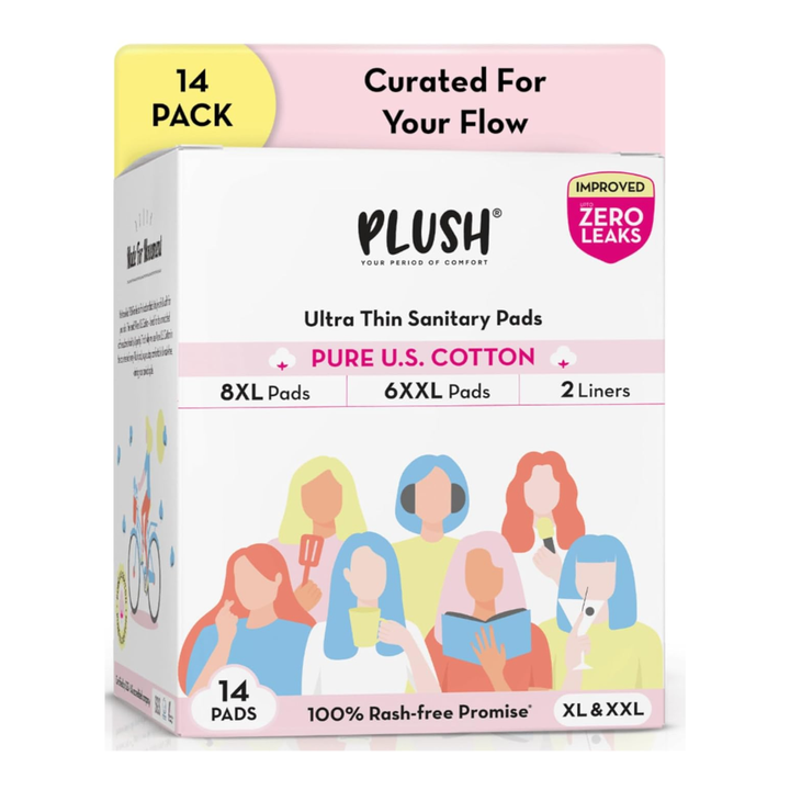 Plush Ultra-Thin Sanitary Napkins 14 Pcs (8 XL Pads, 6 XXL + 2 Panty Liners)
