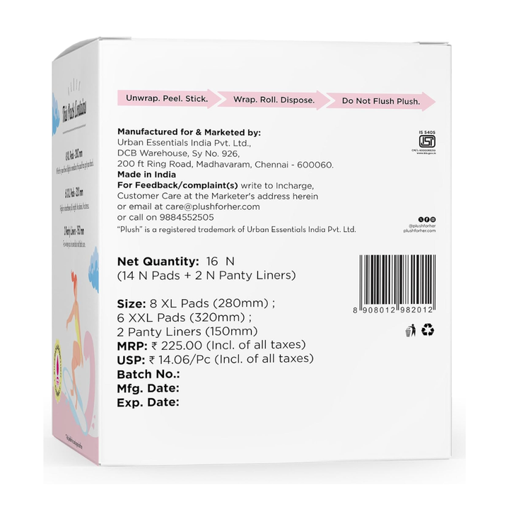 Plush Ultra-Thin Sanitary Napkins 14 Pcs (8 XL Pads, 6 XXL + 2 Panty Liners)