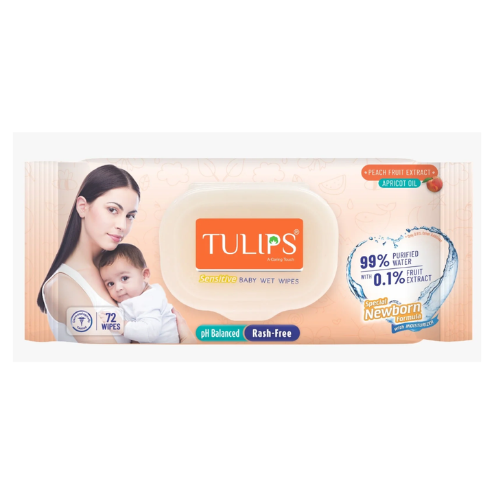 Tulips Sensitive Baby Wet Wipes With LID Peach Extract (72 Wipes)