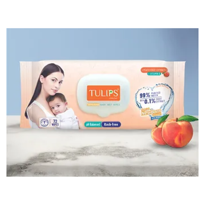 Tulips Sensitive Baby Wet Wipes With LID Peach Extract (72 Wipes)