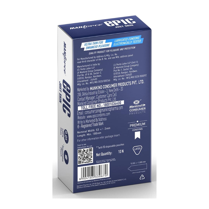 Manforce Epic Just Skin Ultra Thin Condoms 0.05mm - 10 Sheets
